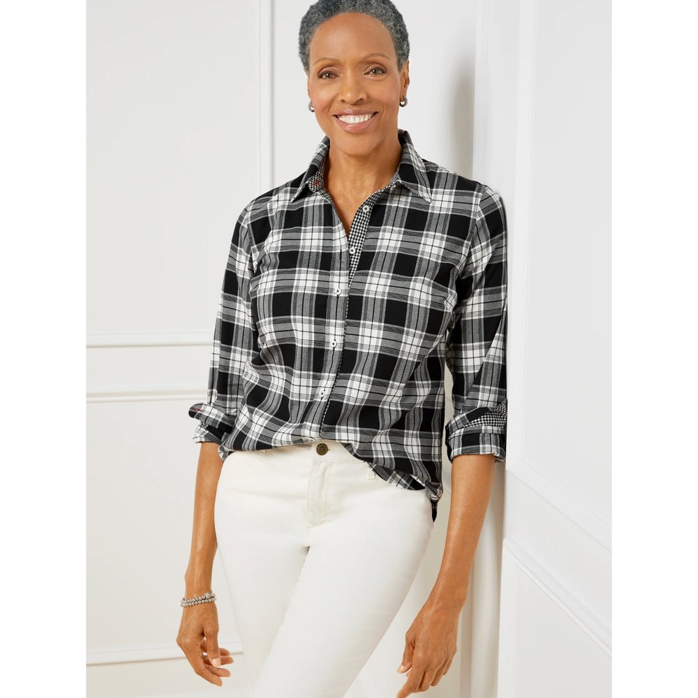 Talbots Womens Cotton Button Front Shirt Parade Plaid Size M Career Casual